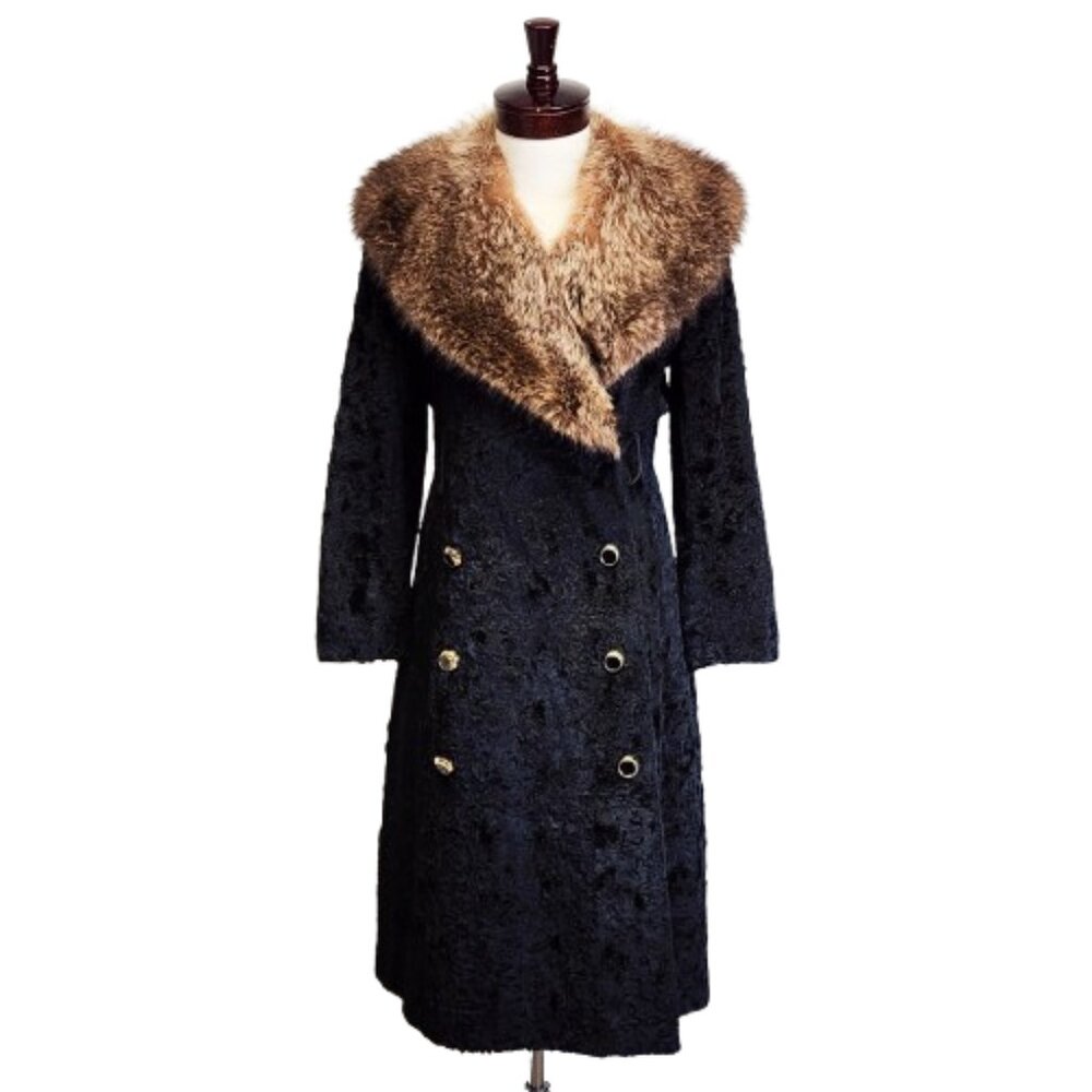 Vtg 60s Seymour/Miss Fox Huge Genuine Fur Collar Black Faux Lamb Coat Womens L